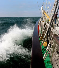 Close-up of ship in sea against sky