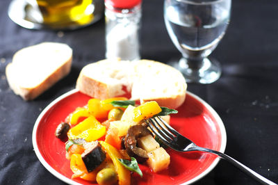 Close-up of food served on table