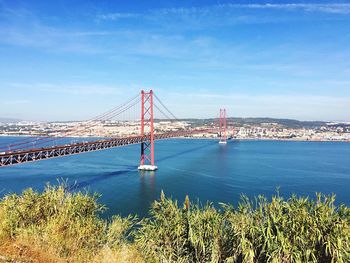 View of suspension bridge in city