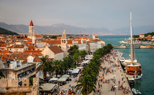 High angle shot of town against the sea