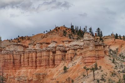 View of rock formation against cloudy sky