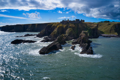 Dunnotar castle in stonhaven with aerial view from the sea