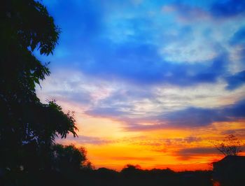 Low angle view of silhouette trees against dramatic sky
