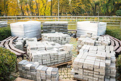 High angle view of stack of stones on field