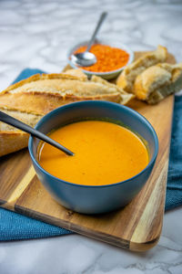 High angle view of soup in bowl on table