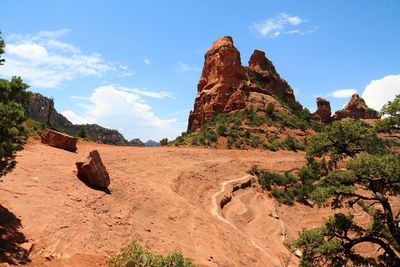 Panoramic view of southwestern rock formations against sky