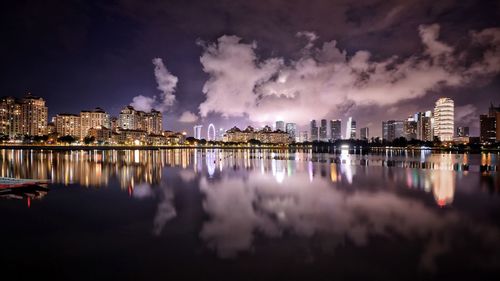 Panoramic view of lake by illuminated buildings against sky at night