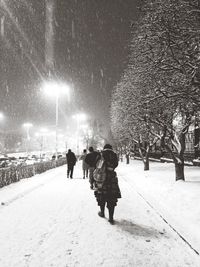 Rear view of people walking on snow covered city