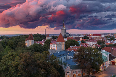 High angle view of townscape against sky in city