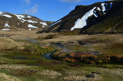 Beautiful valley with a flowing hot spring in scenic iceland landscape.