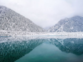 Mountains covered with trees and snow are symmetrically reflected in the turquoise water of the lake