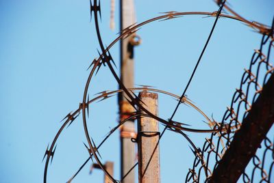 Low angle view of razor wire fence against clear sky