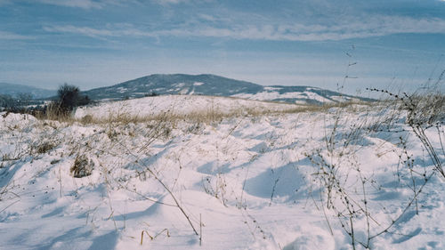 Snow covered landscape against sky