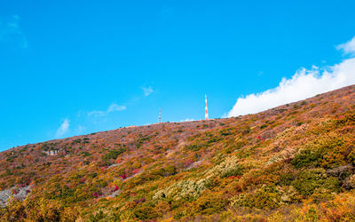 Low angle view of mountain against clear blue sky