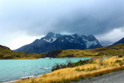 Scenic view of lake and mountains against sky