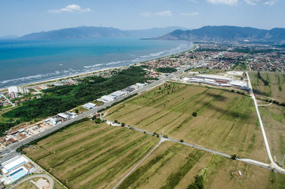 High angle view of buildings against sky