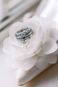 Close-up of wedding rings on white background