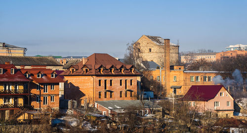 Historical buildings on the old street of kamianets-podilskyi old town quarter on a  winter morning