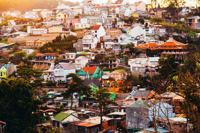 High angle view of residential buildings in town