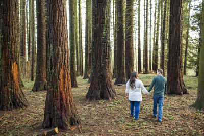 Rear view of couple looking at each other while walking outdoors.