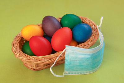 High angle view of eggs in basket