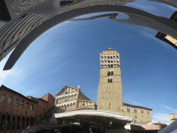 Low angle view of buildings against blue sky