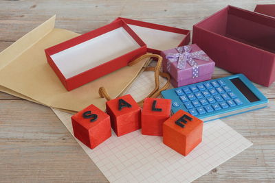 High angle view of christmas decorations on table