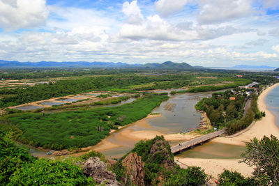 High angle view of river amidst landscape against sky