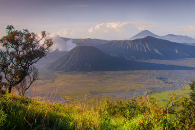 Scenic view of volcanic mountain against sky