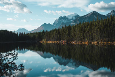 Scenic view of lake by mountains against sky