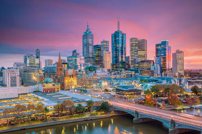 Illuminated buildings in city