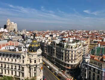 High angle view of buildings in city against sky