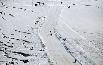 Aerial view of people on snow covered land