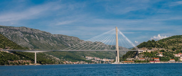 Suspension bridge over sea against sky