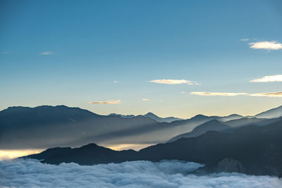 Scenic view of silhouette mountains against sky during sunset