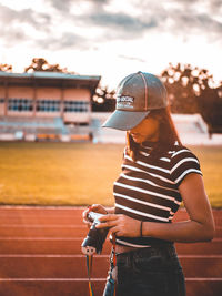 Woman photographing on camera