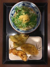 High angle view of food in plate on table