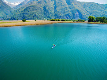 High angle view of person swimming in lake