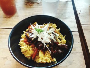 High angle view of food in plate on table