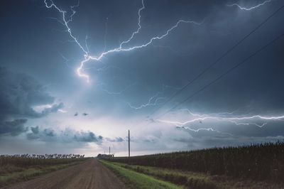 Scenic view of lightning over field