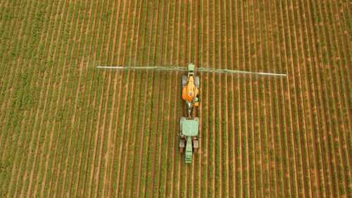 High angle view of man working on field