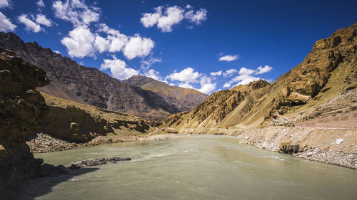 Scenic view of lake and mountains against sky