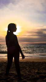 Silhouette man with dog on beach at sunset