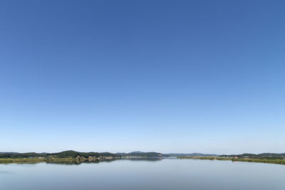 Scenic view of lake against clear blue sky