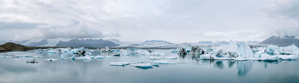 Panoramic view of icebergs melting in glacier