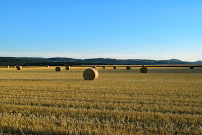 Hay bales on field against clear blue sky