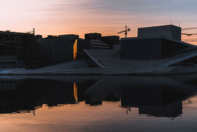 Silhouette buildings by lake against sky during sunset in city