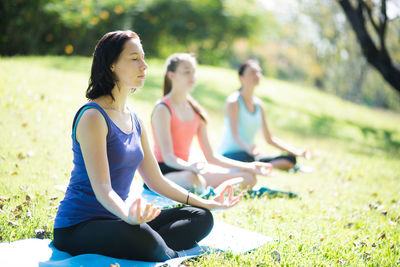 People doing yoga in park