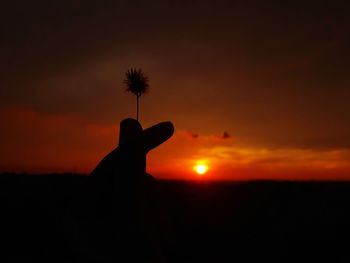 Silhouette person holding orange against sky during sunset