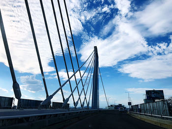 View of suspension bridge against cloudy sky